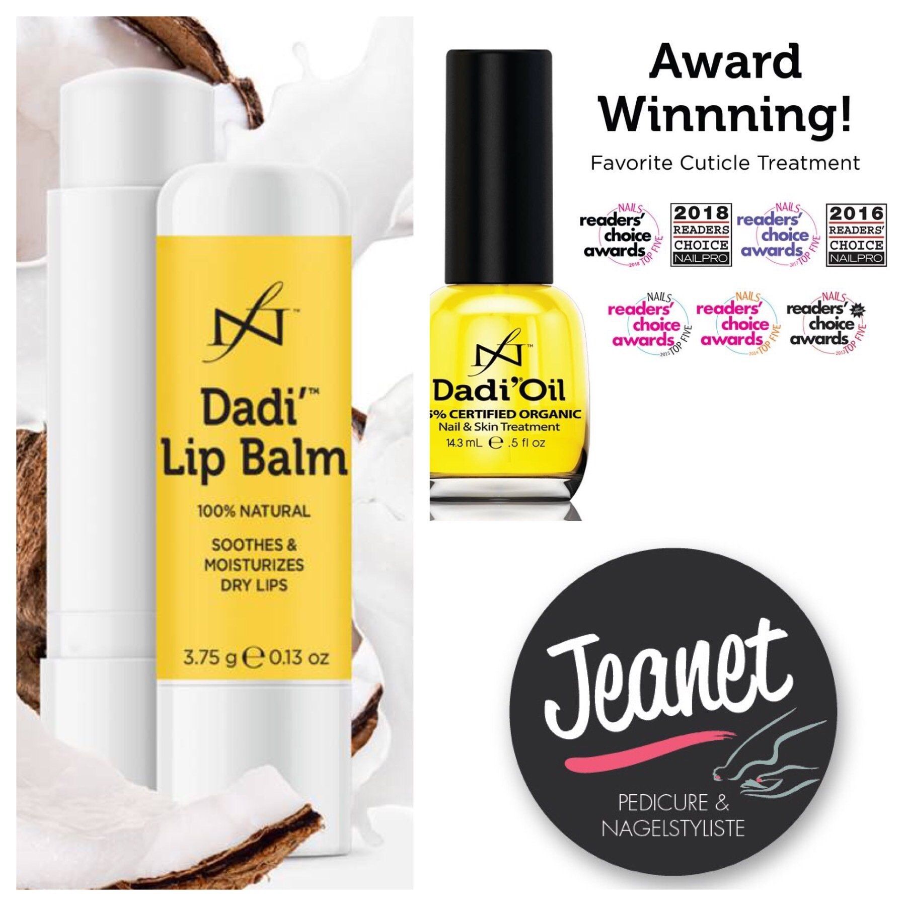 Flesjes Dadi' lippenbalsem en Dadi'Oil met de tekst