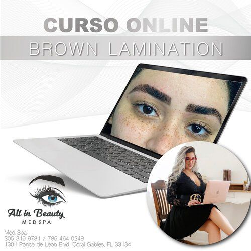 Online brown lamination course ad: laptop showing eyebrows; woman with laptop in a circle; business logo.