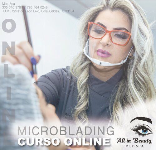 Woman in glasses and face shield doing microblading, online course ad.