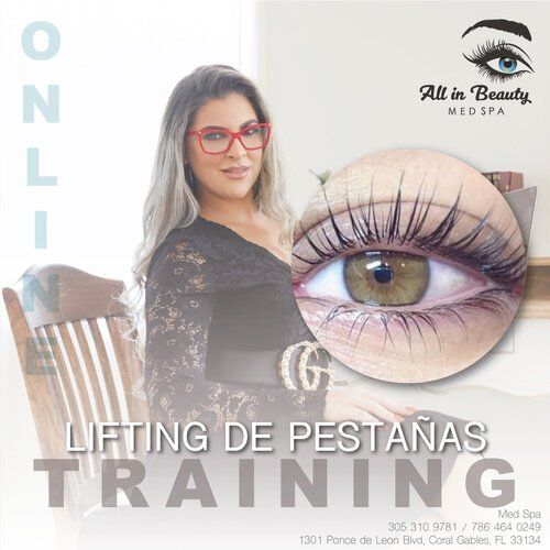 Woman with glasses in a beauty ad for online lash lifting training. Includes an eye close-up and spa logo.