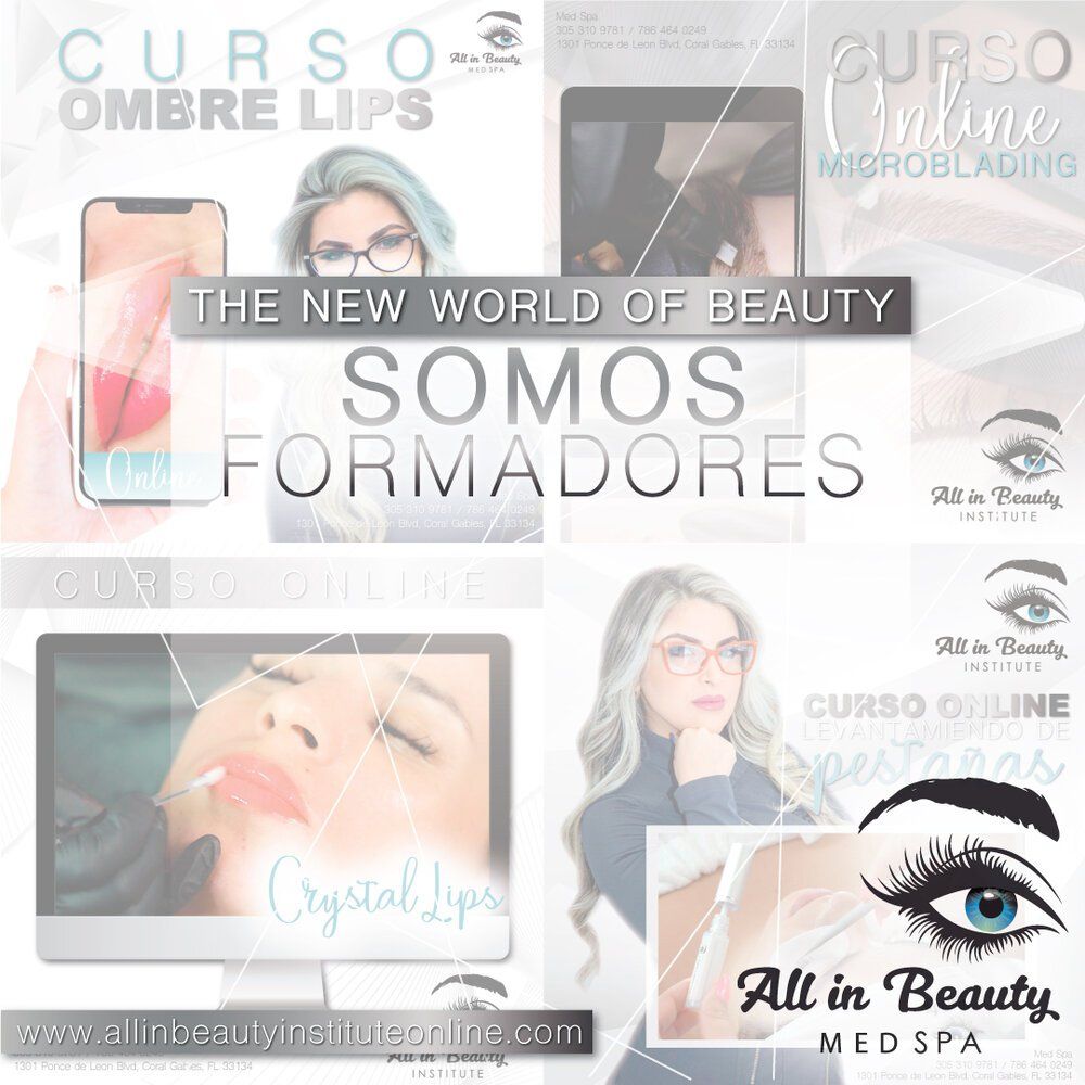 Promotional graphic for online beauty courses. Features a woman with glasses and various course titles, including 