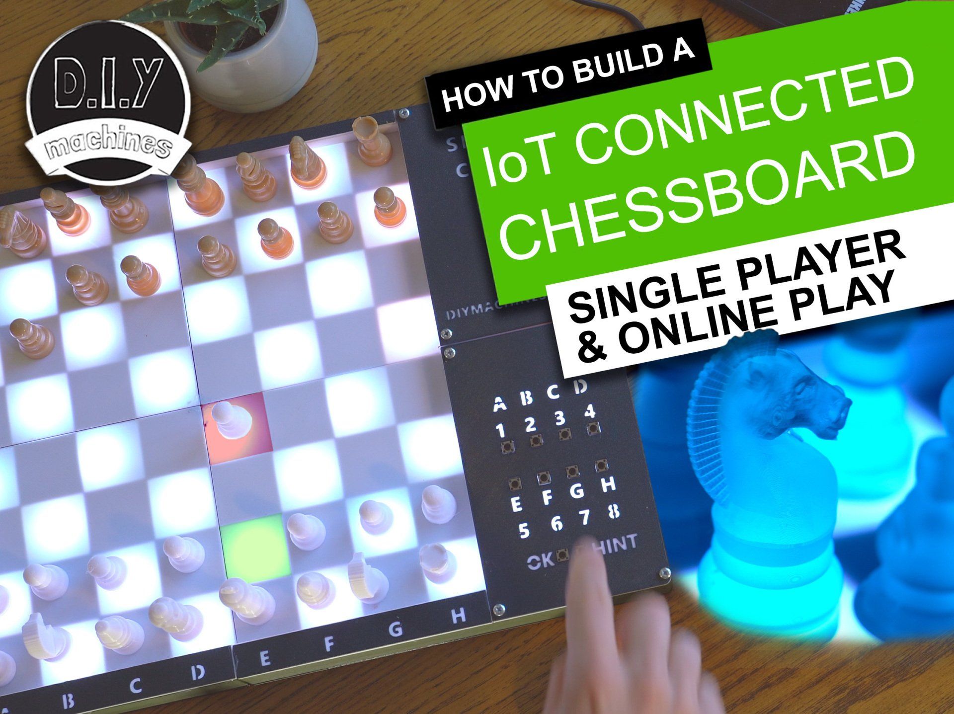 An IoT chess board with glowing squares, a control panel, and a user’s finger, showing a video tutorial title.