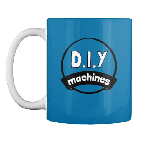 A blue mug with a white handle, featuring a circular logo with the text 