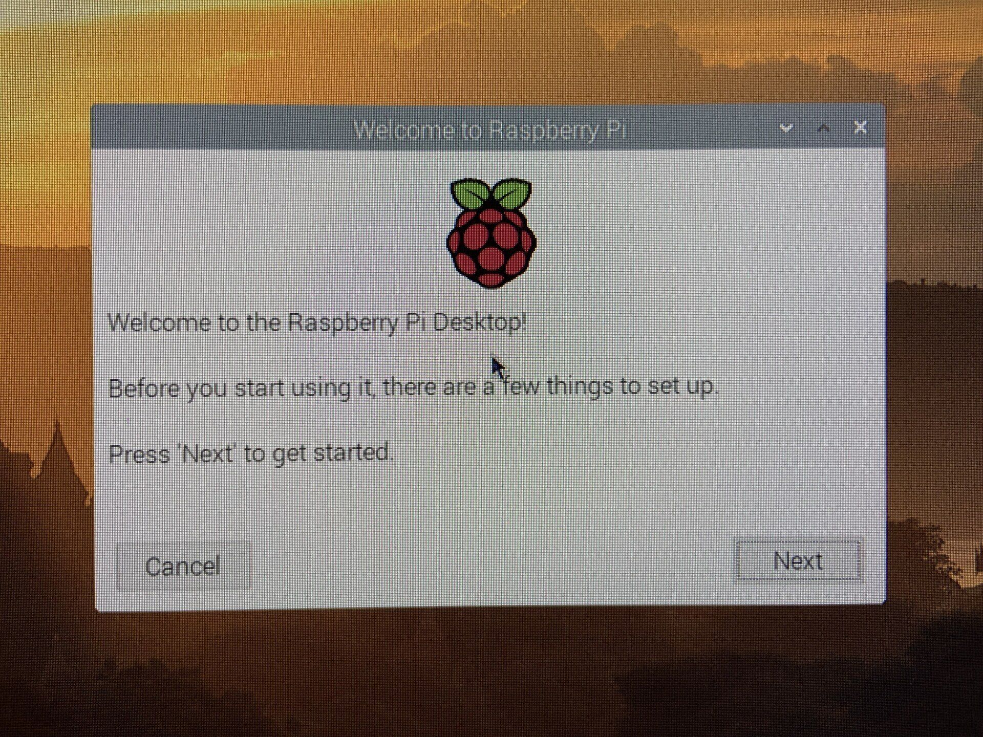 Raspberry Pi setup screen displaying a welcome message with a 