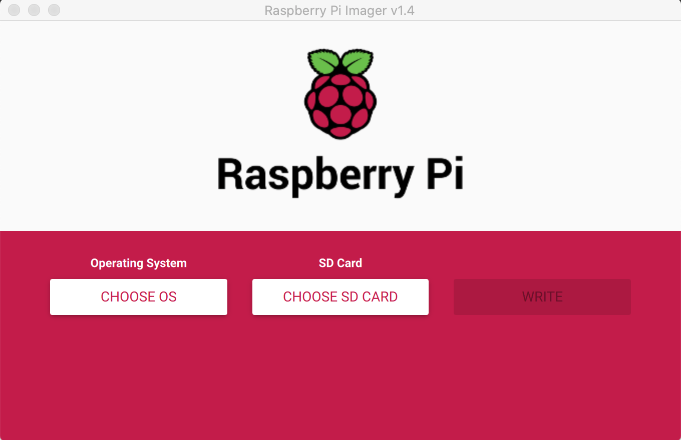 The Raspberry Pi Imager software screen with buttons to select an operating system and SD card.