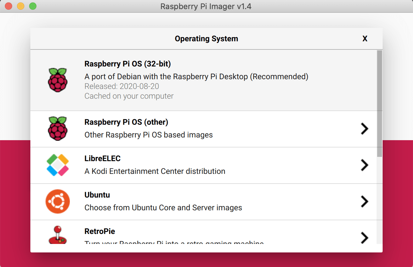 Raspberry Pi Imager screen showing a list of operating system options including Raspberry Pi OS, LibreELEC, and Ubuntu.