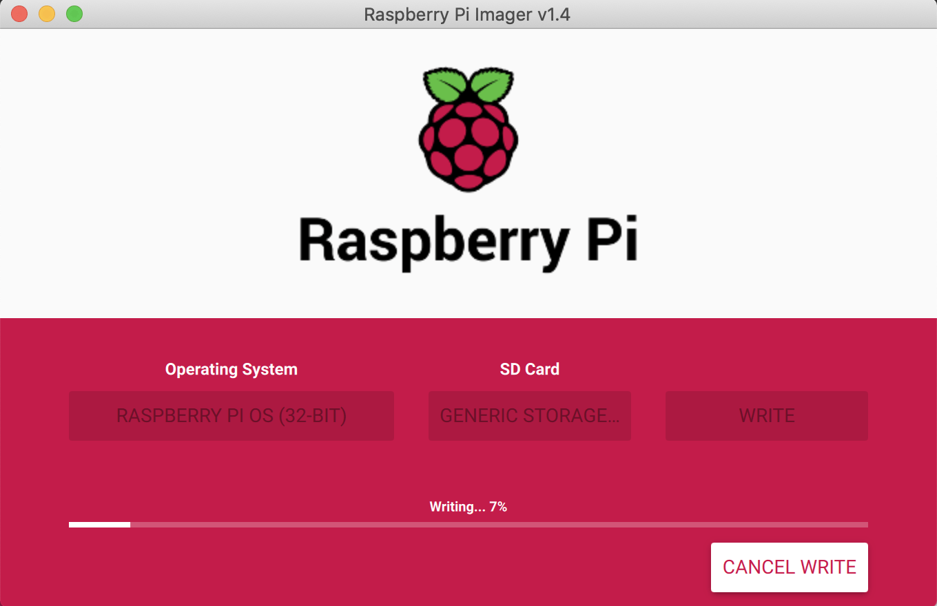 Raspberry Pi Imager screen showing a progress bar at 0% while writing an OS to a storage card.