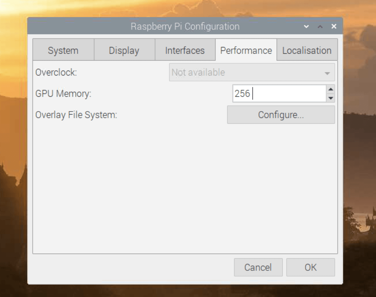 Raspberry Pi Configuration window on the Performance tab, showing GPU Memory set to 256 and Overclock as not available.