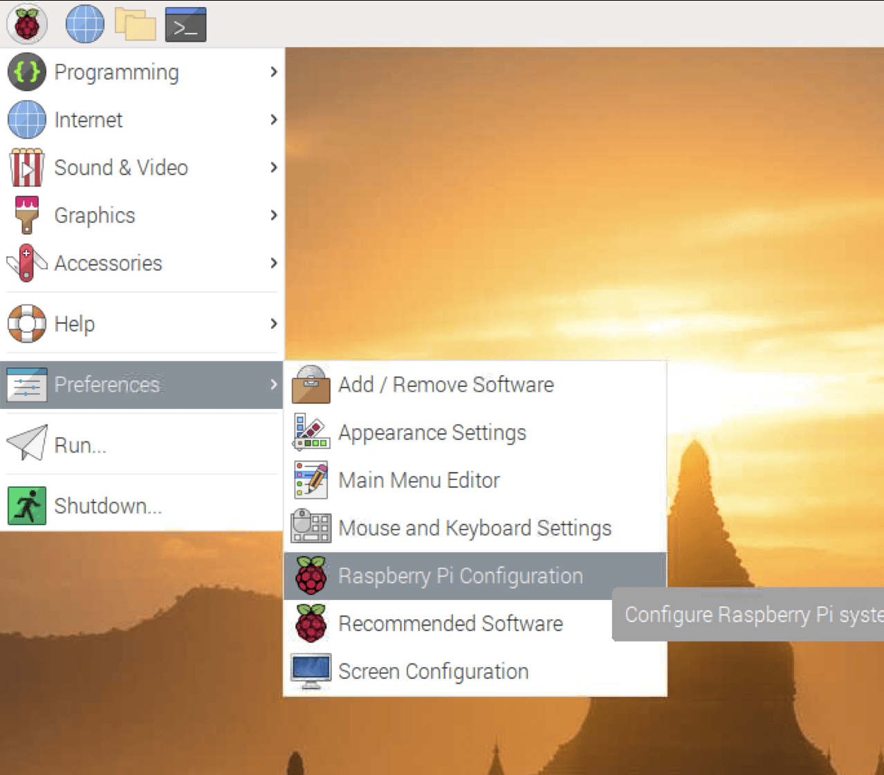 Raspberry Pi OS desktop interface with the Preferences sub-menu expanded, showing 
