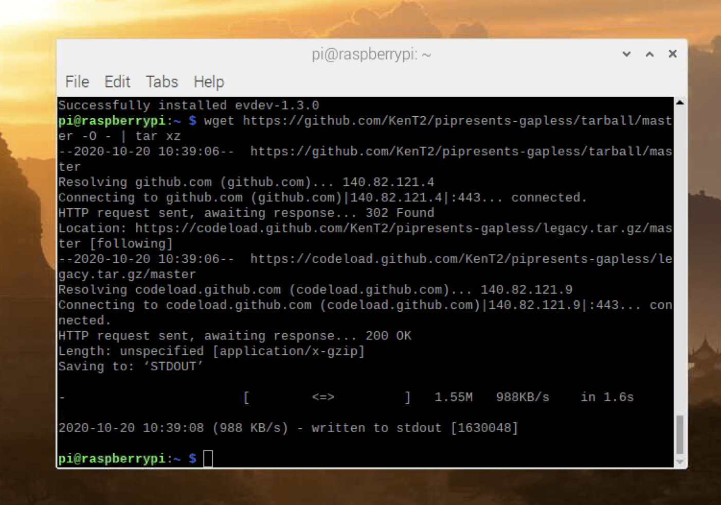 A terminal window on a Raspberry Pi showing a command line interface downloading a file from GitHub using wget and tar.