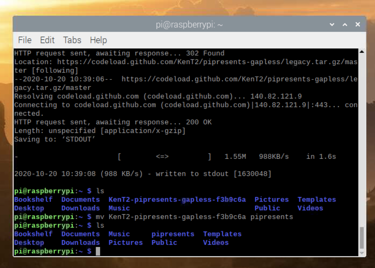 Terminal window showing commands for downloading and renaming a directory on a Raspberry Pi system.