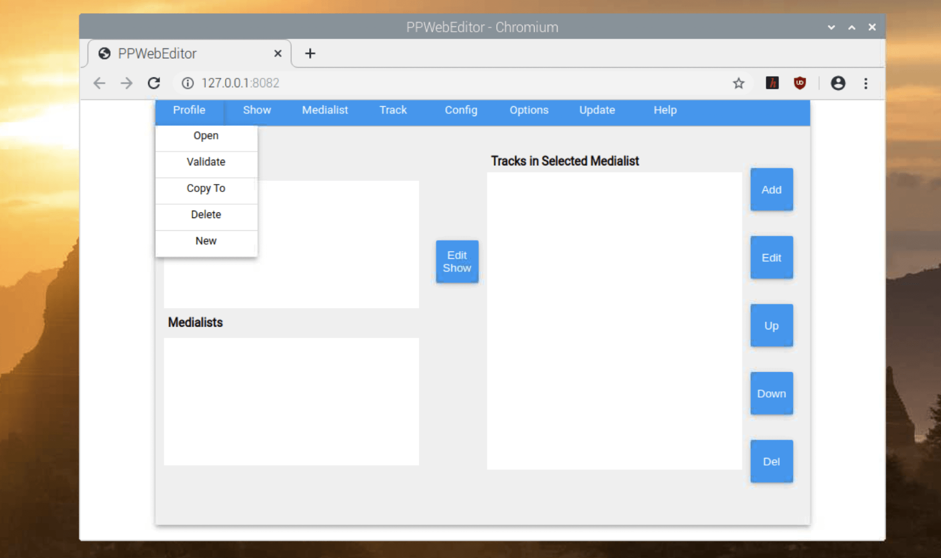 Web browser interface displaying a product management dashboard with a dropdown menu, sidebar panels, and action buttons.