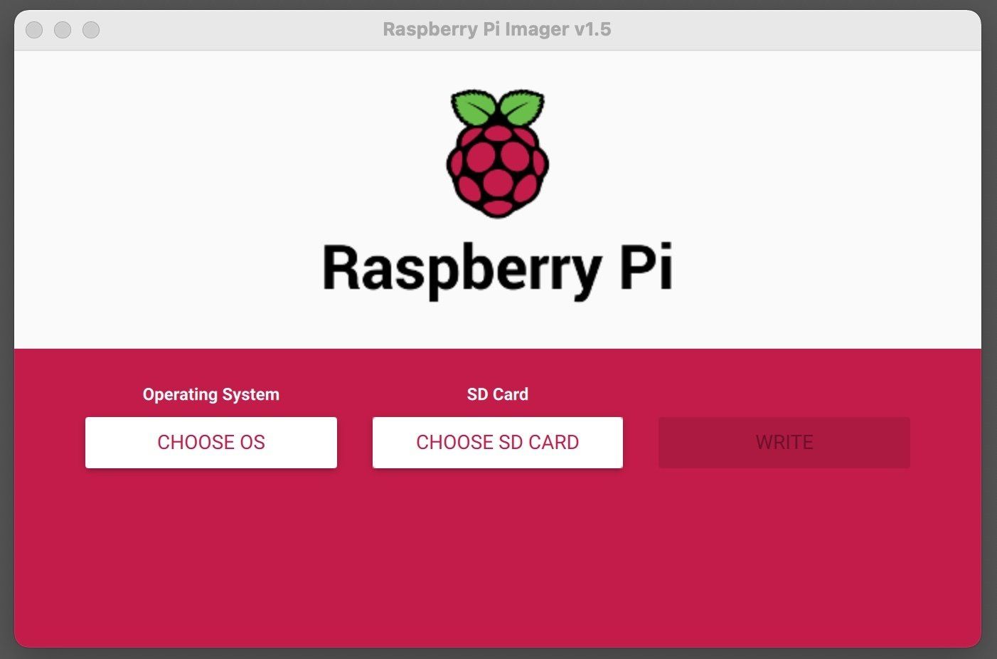 The Raspberry Pi Imager application window with buttons to select an operating system and an SD card.