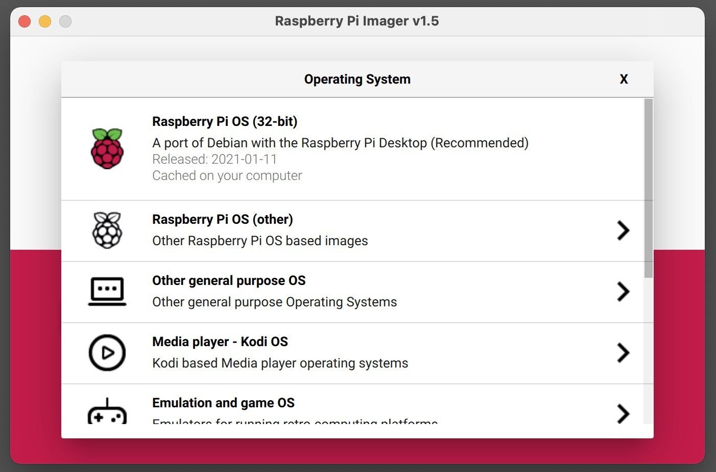 Raspberry Pi Imager screen displaying a list of selectable operating systems for installation on a memory card.