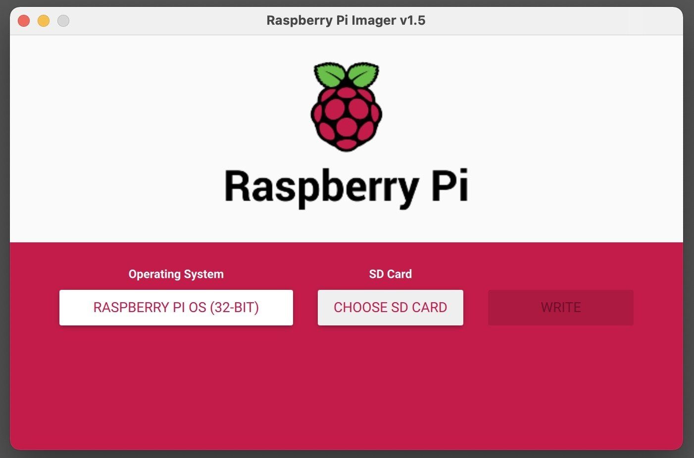 The Raspberry Pi Imager software window, showing selection buttons for the operating system and SD card.