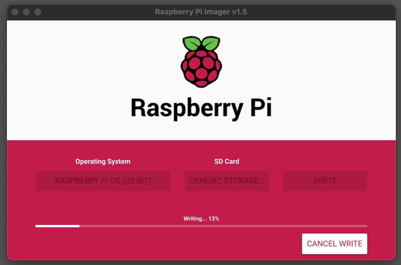 Raspberry Pi Imager software writing an OS to a storage device, showing a progress bar at 12%.