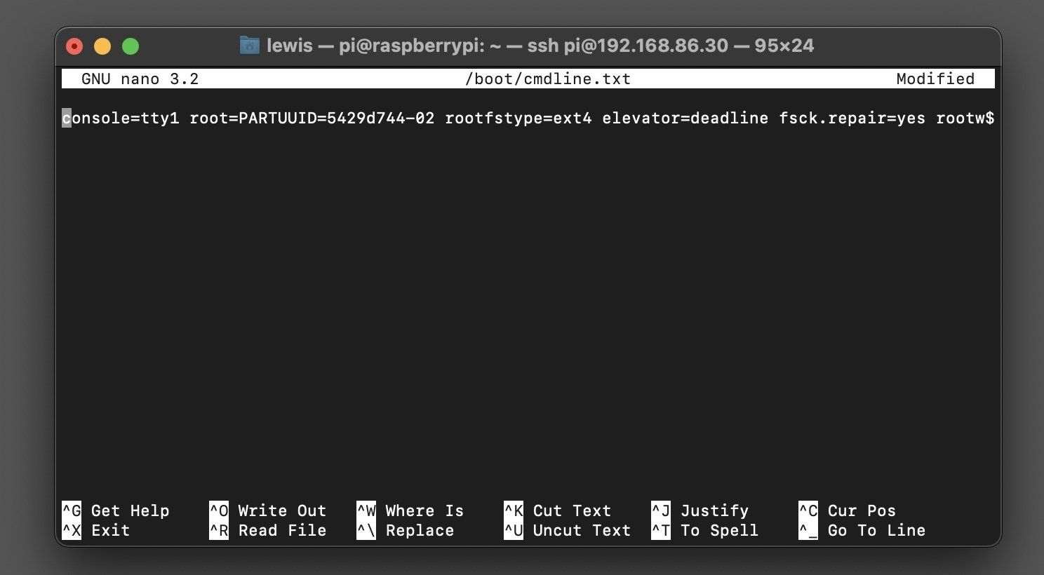 A terminal window showing an SSH connection to a Raspberry Pi with a tmux session running at the bottom.