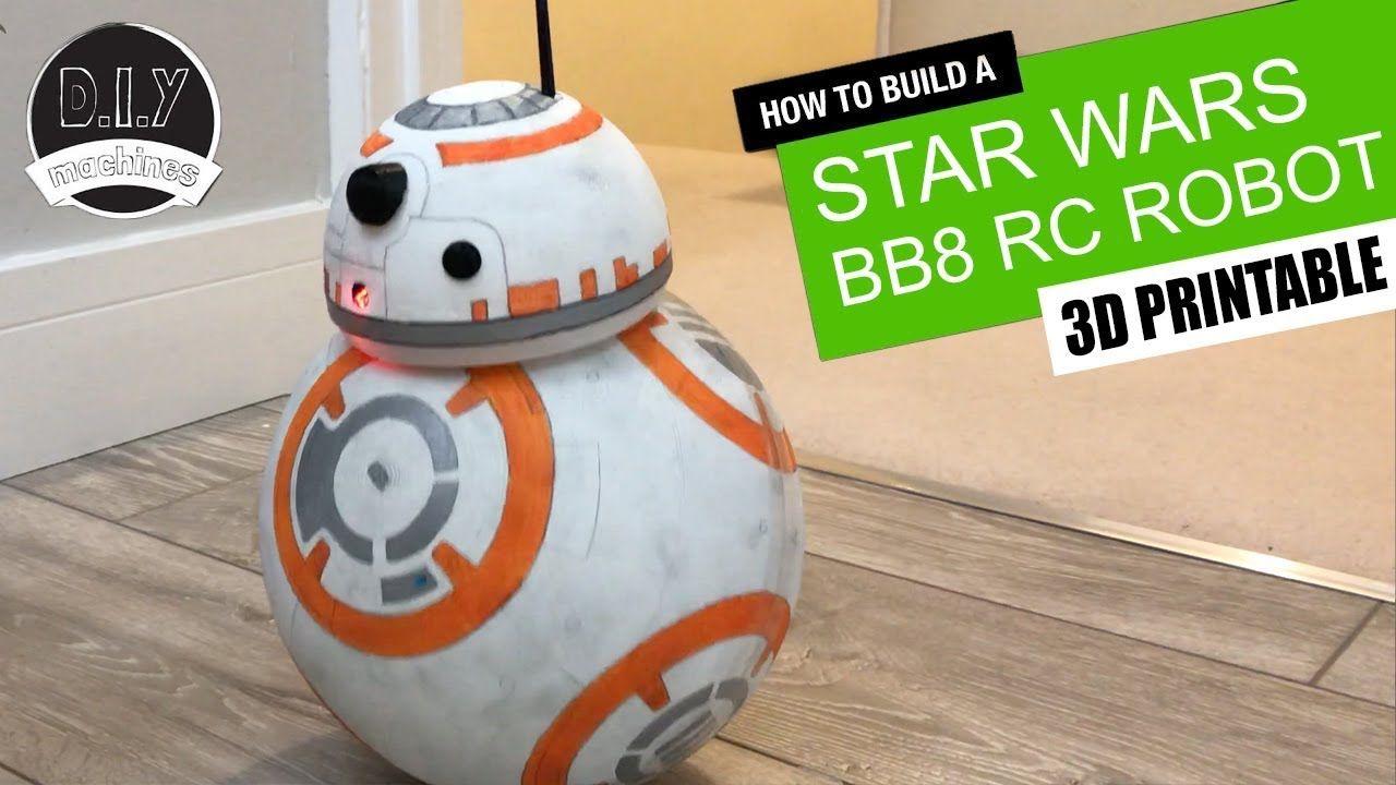 A 3D-printed BB-8 Star Wars robot on a floor, with a text overlay about building a remote-controlled, 3D-printable model.
