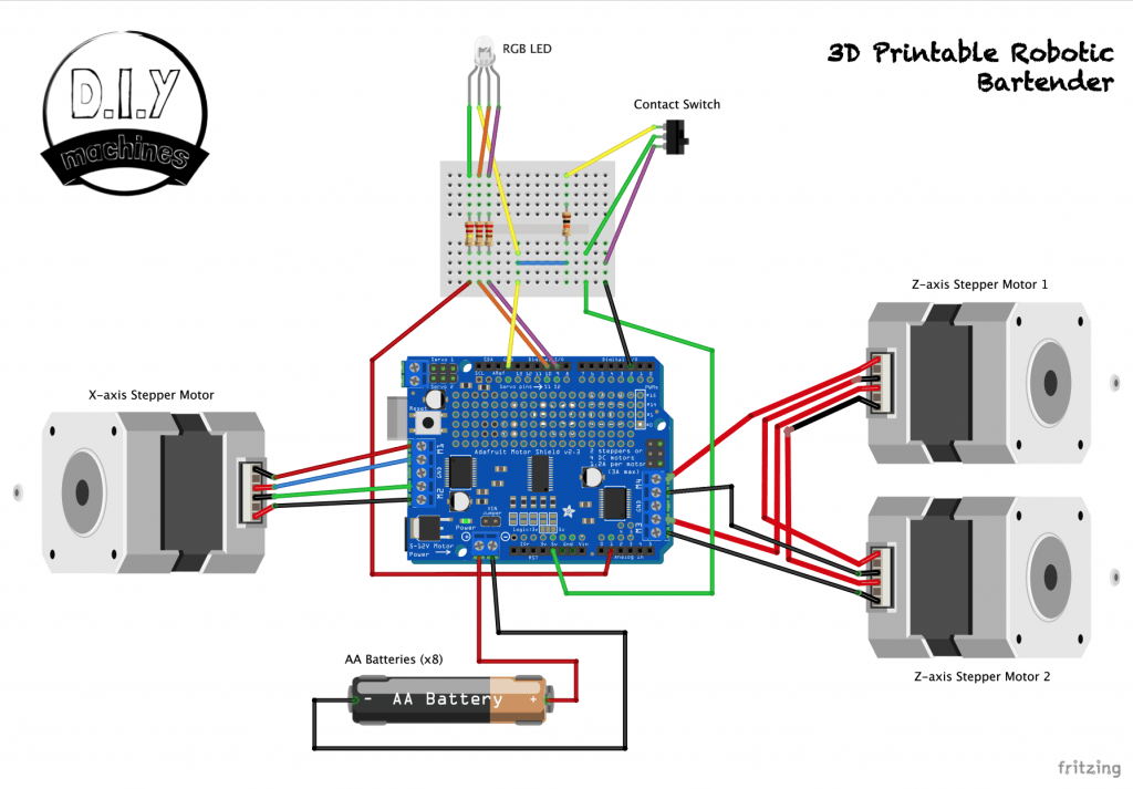 Circuit diagram for a 3D-printable robotic bartender showing an Arduino board, three stepper motors, and a battery pack.