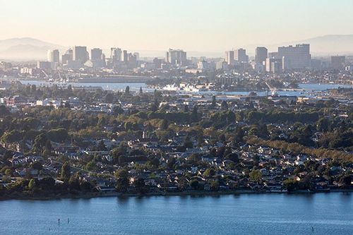 An aerial view of Alameda and Oakland, CA.