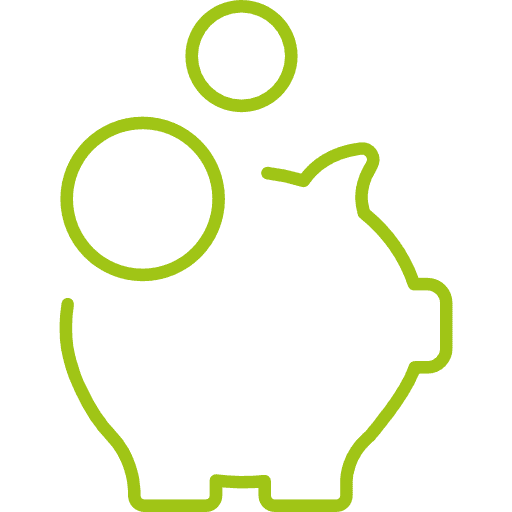 Grüner Umriss eines Sparschweins mit einer hineinfallenden Münze, symbolisiert das Sparen von Geld.