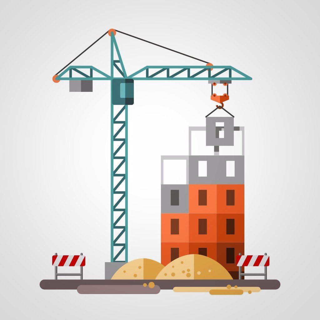 Baustelle mit Kran zum Anheben von Bausteinen.