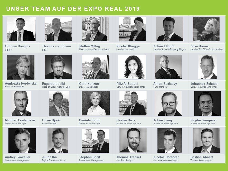 Grupa osób na Expo Real 2019, czarno-białe zdjęcia portretowe z imionami i tytułami.
