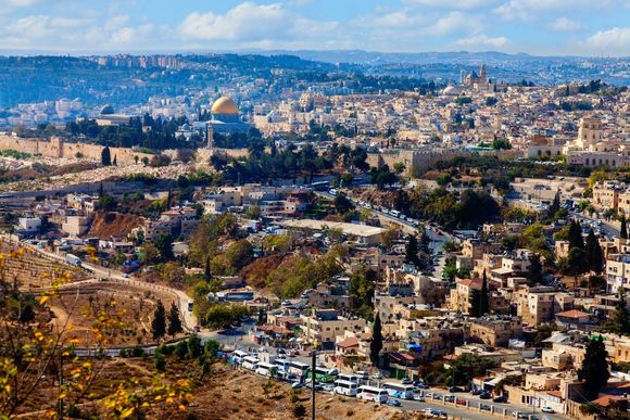 Panoramic view of Jerusalem’s Old City, with the golden Dome of the Rock and surrounding hills