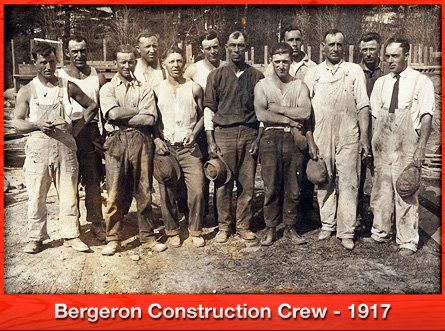 Bergeron Construction Crew posing outdoors, 1917, with a sepia-toned vintage photo and red border