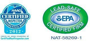 HAAG Certified Inspector badge and EPA Lead-Safe Certified Firm logo on white background