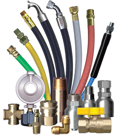 Assorted hoses, fittings, and connectors in various colors, sizes, and materials for industrial or plumbing use.