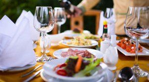 Wine glasses and food