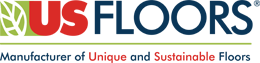 US FLOORS logo with green leaf icon and tagline “Manufacturer of Unique and Sustainable Floors”