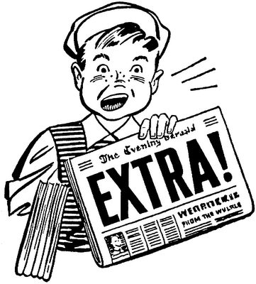 a black and white drawing of a boy holding a newspaper that says extra .