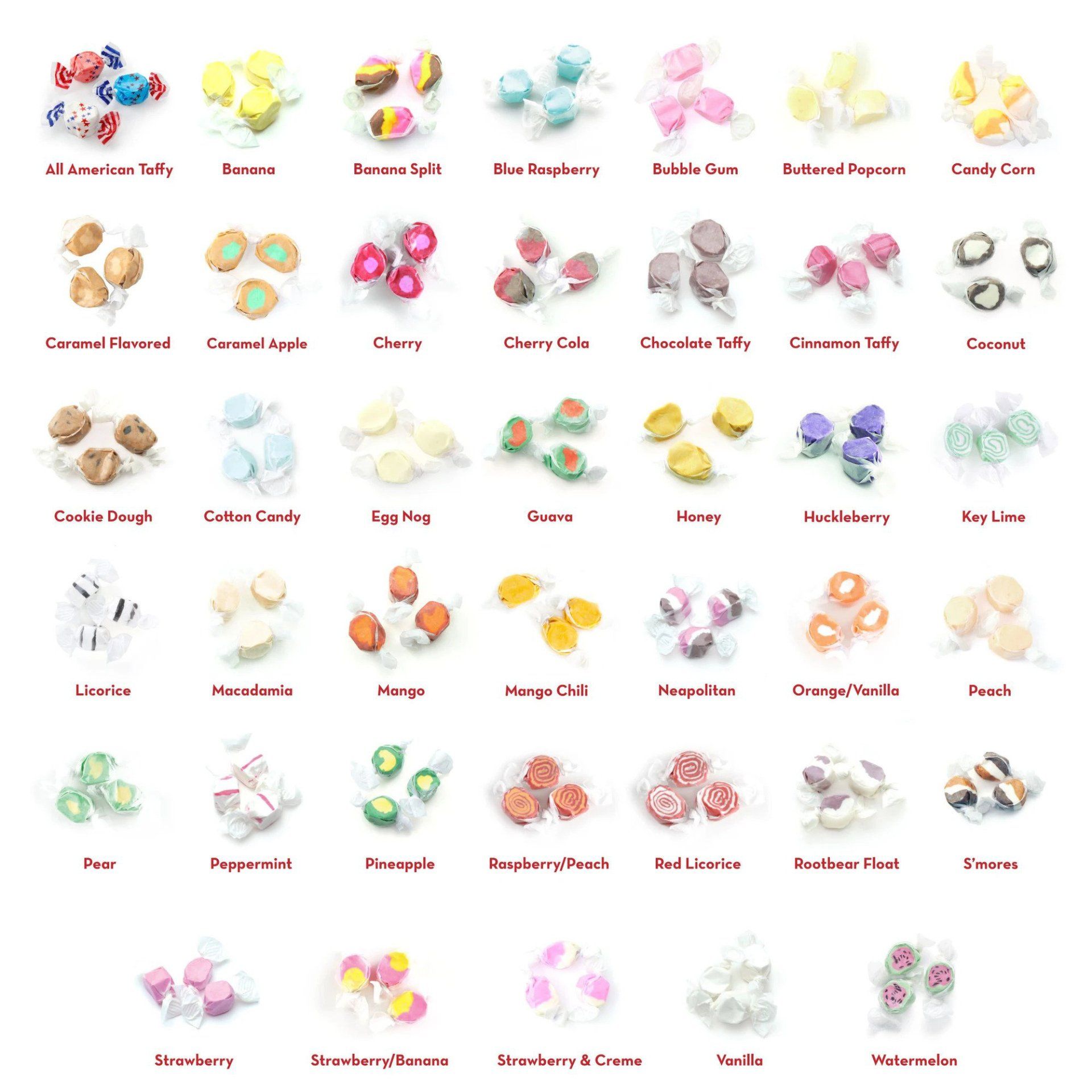 a variety of different flavors of taffy are displayed