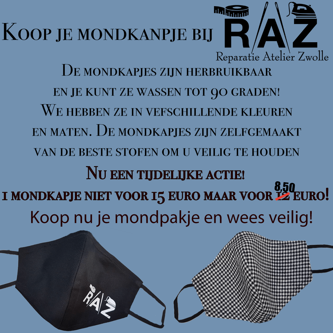 Nederlandse advertentie voor herbruikbare mondkapjes met RAZ-logo, zwarte en geruite maskers, en tekst over wassen en prijzen.