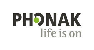 The logo for phonak life is on is black and green.