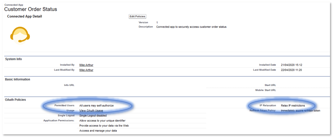 Salesforce Setup Edit Connected App Policies