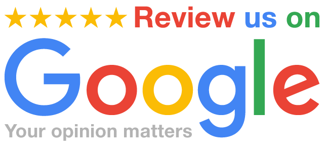 A google logo that says review us on your opinion matters Review us on Google: five gold stars, Google logo,