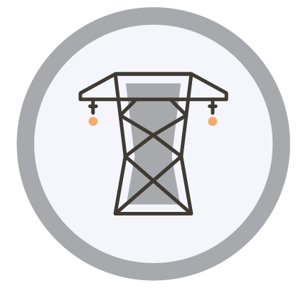 An icon of a power tower in a circle on a white background.