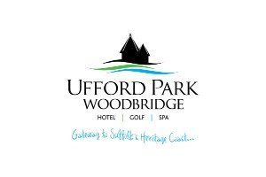 Logo for Ufford Park Woodbridge: black building icon over green and blue lines; hotel, golf, spa text.