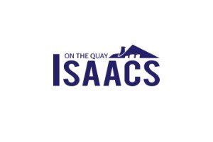 Logo for Isaacs on the Quay, with blue text and a house silhouette.