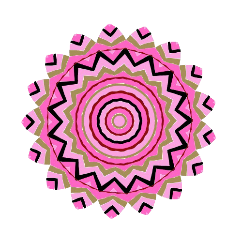 Mandala rosa e marrom com círculos concêntricos e bordas em zigue-zague.
