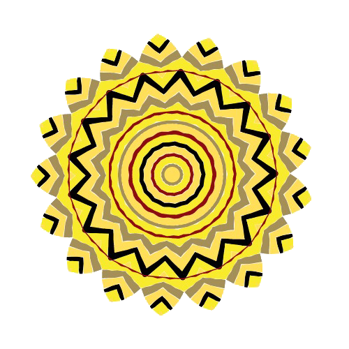 Design circular com padrão amarelo e preto, anéis concêntricos e bordas recortadas.
