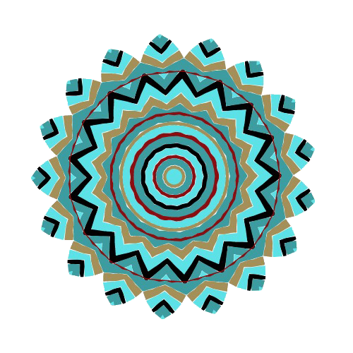 Padrão de mandala em turquesa, dourado, preto e marrom sobre fundo branco.