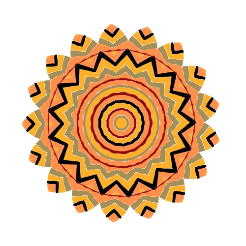 Desenho geométrico circular, laranja e amarelo, com borda externa em zigue-zague e círculos concêntricos.