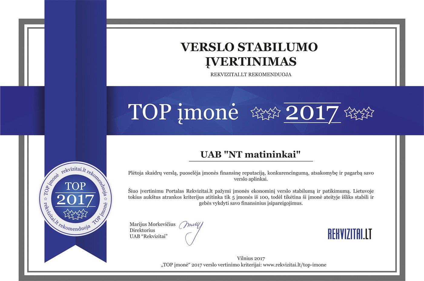 NT matininkai sertifikatas