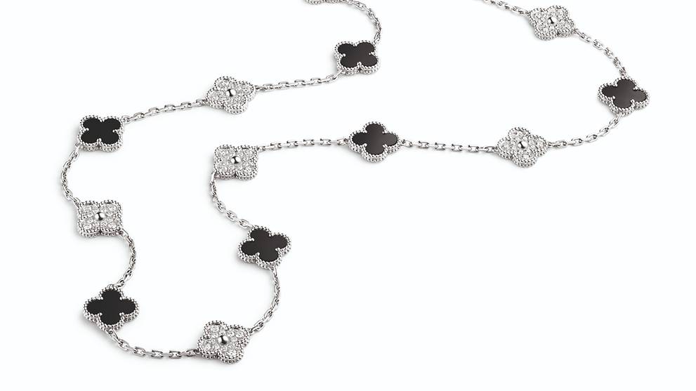 The Alhambra long necklace (sautoir) in white gold, onyx and diamonds. (Photo: Van Cleef & Arpels)