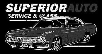 A black and white drawing of a car for superior auto service and glass