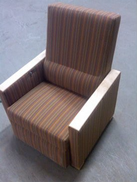 A brown striped chair with wooden arm rests